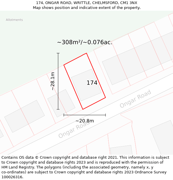 174, ONGAR ROAD, WRITTLE, CHELMSFORD, CM1 3NX: Plot and title map