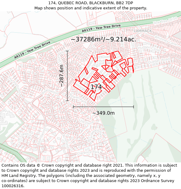 174, QUEBEC ROAD, BLACKBURN, BB2 7DP: Plot and title map