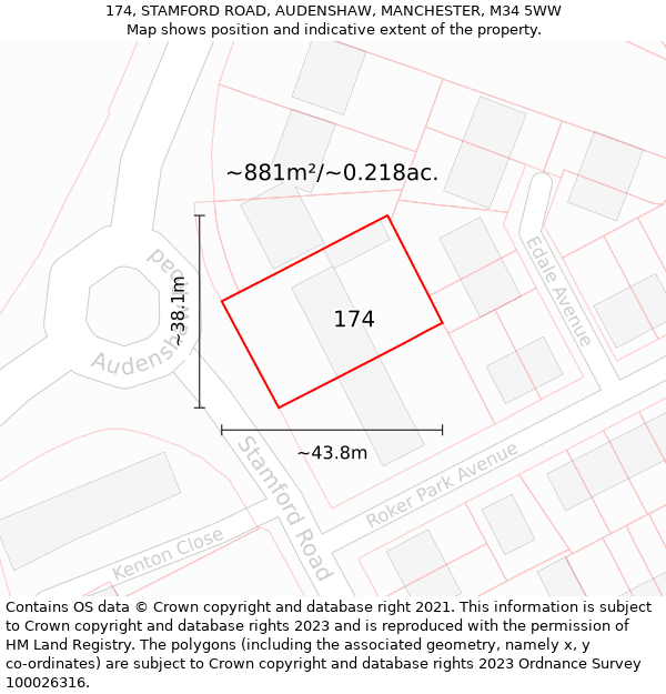 174, STAMFORD ROAD, AUDENSHAW, MANCHESTER, M34 5WW: Plot and title map