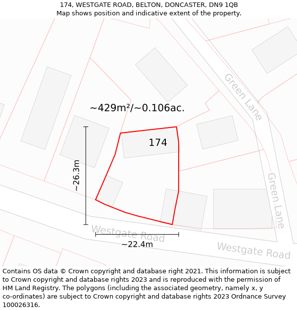 174, WESTGATE ROAD, BELTON, DONCASTER, DN9 1QB: Plot and title map