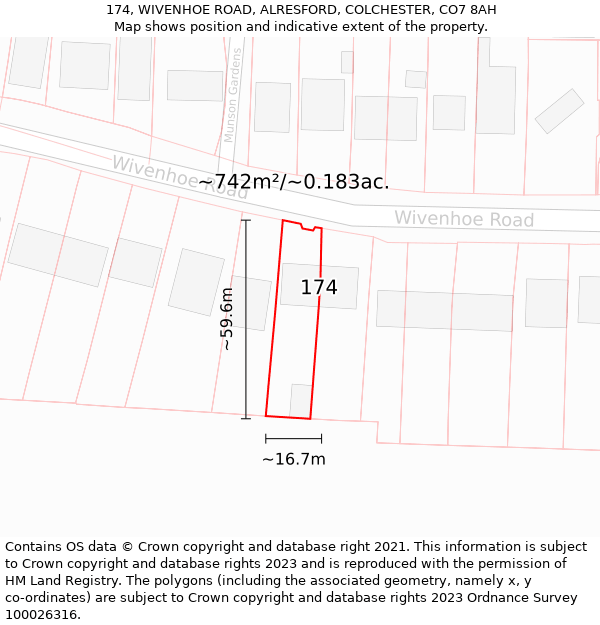 174, WIVENHOE ROAD, ALRESFORD, COLCHESTER, CO7 8AH: Plot and title map