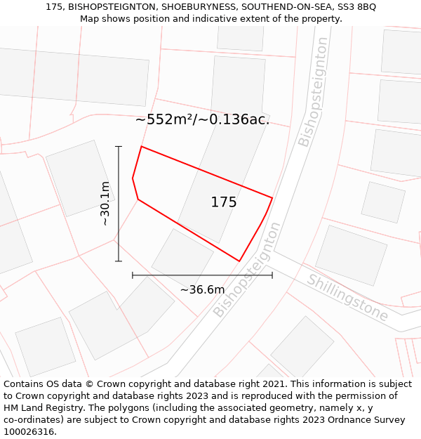 175, BISHOPSTEIGNTON, SHOEBURYNESS, SOUTHEND-ON-SEA, SS3 8BQ: Plot and title map