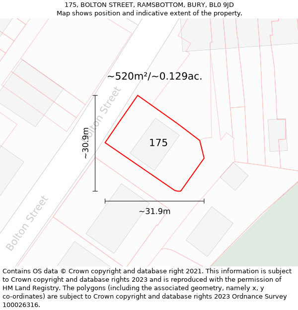 175, BOLTON STREET, RAMSBOTTOM, BURY, BL0 9JD: Plot and title map