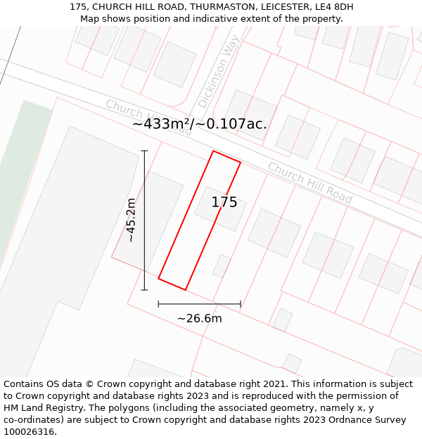 175, CHURCH HILL ROAD, THURMASTON, LEICESTER, LE4 8DH: Plot and title map