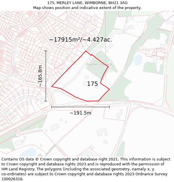 175, MERLEY LANE, WIMBORNE, BH21 3AG: Plot and title map