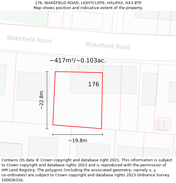 176, WAKEFIELD ROAD, LIGHTCLIFFE, HALIFAX, HX3 8TP: Plot and title map