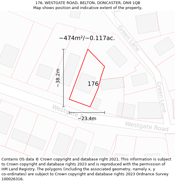 176, WESTGATE ROAD, BELTON, DONCASTER, DN9 1QB: Plot and title map