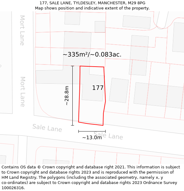 177, SALE LANE, TYLDESLEY, MANCHESTER, M29 8PG: Plot and title map