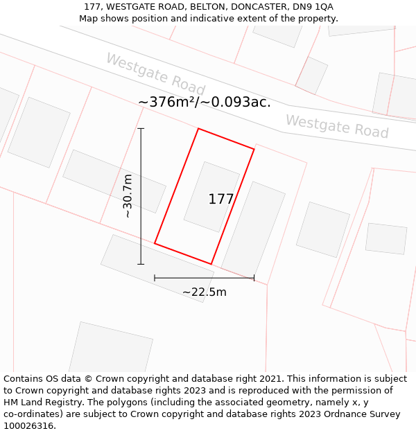 177, WESTGATE ROAD, BELTON, DONCASTER, DN9 1QA: Plot and title map