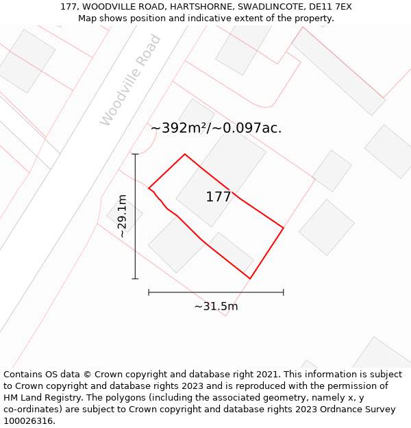 177, WOODVILLE ROAD, HARTSHORNE, SWADLINCOTE, DE11 7EX: Plot and title map