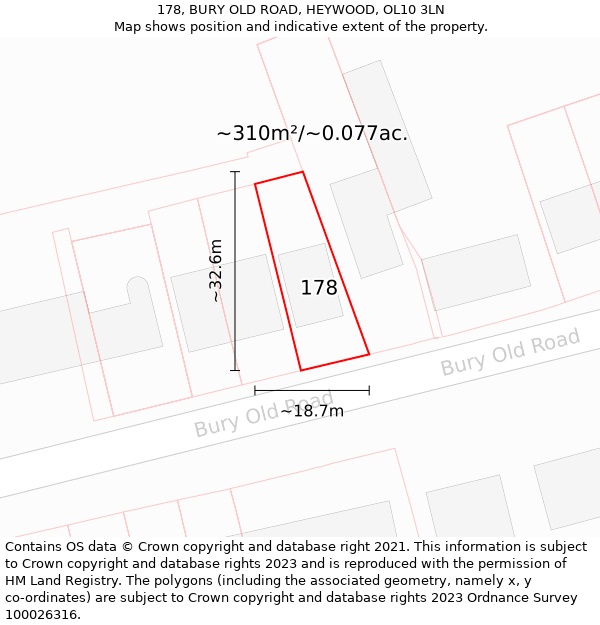 178, BURY OLD ROAD, HEYWOOD, OL10 3LN: Plot and title map
