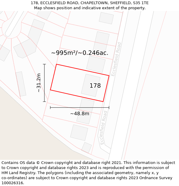 178, ECCLESFIELD ROAD, CHAPELTOWN, SHEFFIELD, S35 1TE: Plot and title map