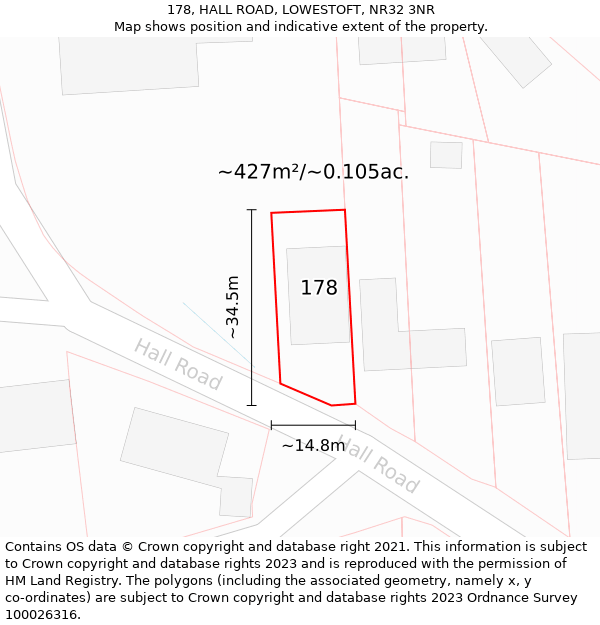 178, HALL ROAD, LOWESTOFT, NR32 3NR: Plot and title map