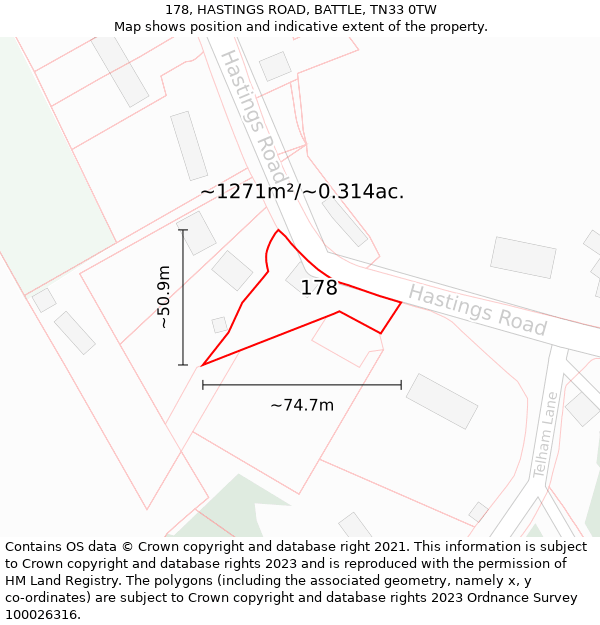 178, HASTINGS ROAD, BATTLE, TN33 0TW: Plot and title map