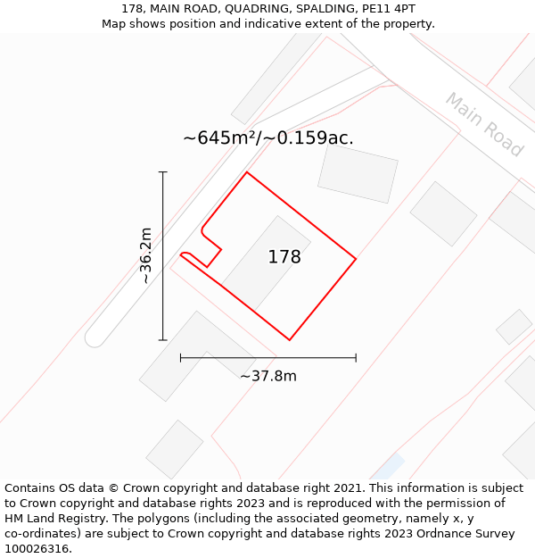 178, MAIN ROAD, QUADRING, SPALDING, PE11 4PT: Plot and title map