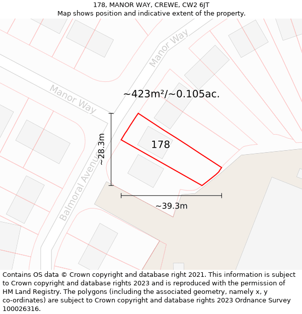 178, MANOR WAY, CREWE, CW2 6JT: Plot and title map