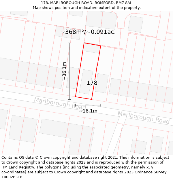 178, MARLBOROUGH ROAD, ROMFORD, RM7 8AL: Plot and title map