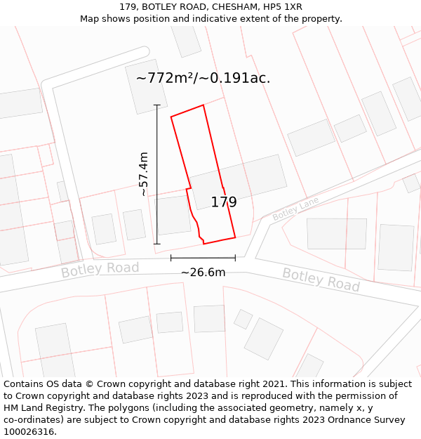 179, BOTLEY ROAD, CHESHAM, HP5 1XR: Plot and title map