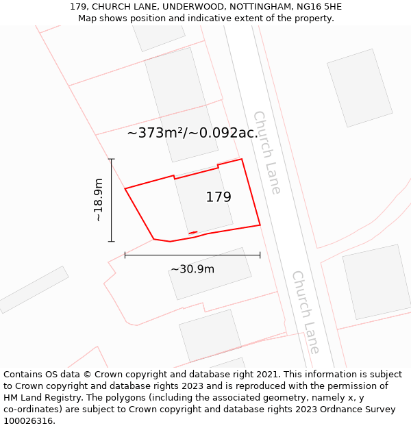 179, CHURCH LANE, UNDERWOOD, NOTTINGHAM, NG16 5HE: Plot and title map