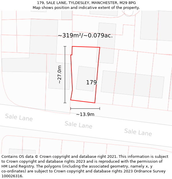 179, SALE LANE, TYLDESLEY, MANCHESTER, M29 8PG: Plot and title map