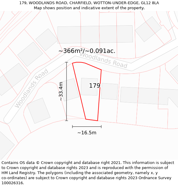 179, WOODLANDS ROAD, CHARFIELD, WOTTON-UNDER-EDGE, GL12 8LA: Plot and title map