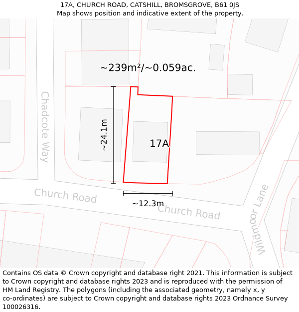 17A, CHURCH ROAD, CATSHILL, BROMSGROVE, B61 0JS: Plot and title map