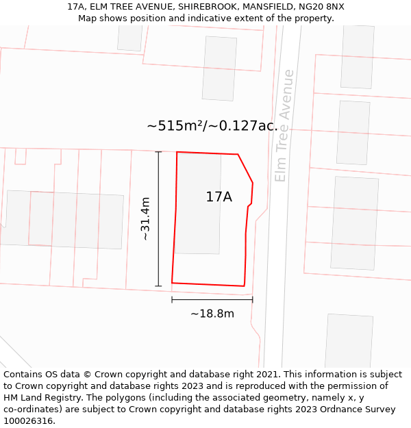 17A, ELM TREE AVENUE, SHIREBROOK, MANSFIELD, NG20 8NX: Plot and title map