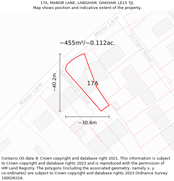 17A, MANOR LANE, LANGHAM, OAKHAM, LE15 7JL: Plot and title map