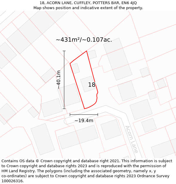 18, ACORN LANE, CUFFLEY, POTTERS BAR, EN6 4JQ: Plot and title map