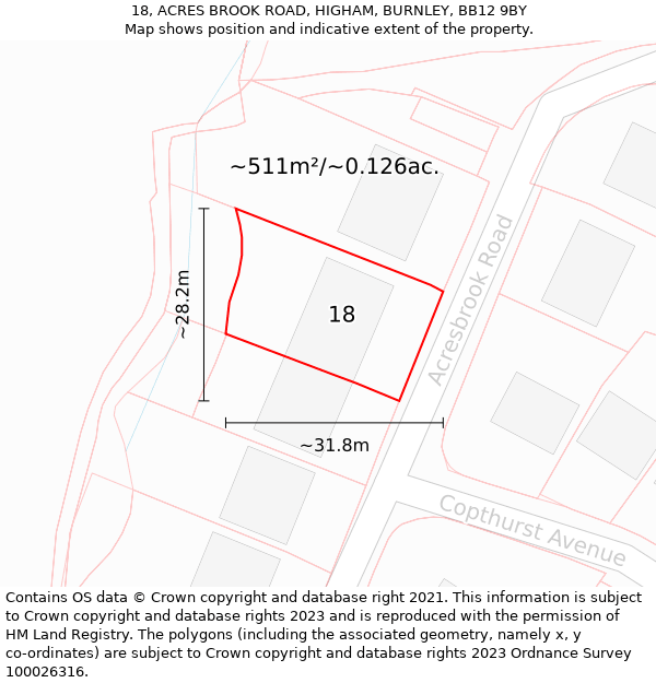 18, ACRES BROOK ROAD, HIGHAM, BURNLEY, BB12 9BY: Plot and title map