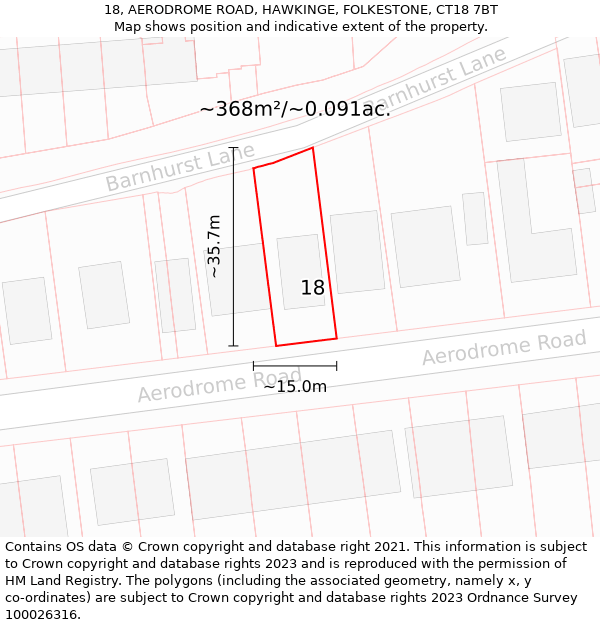 18, AERODROME ROAD, HAWKINGE, FOLKESTONE, CT18 7BT: Plot and title map