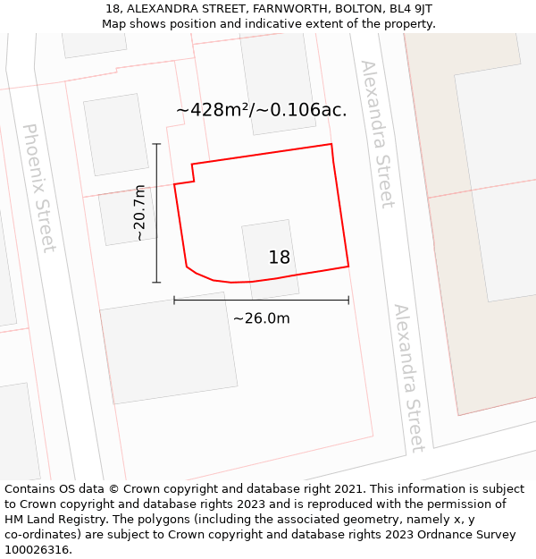 18, ALEXANDRA STREET, FARNWORTH, BOLTON, BL4 9JT: Plot and title map