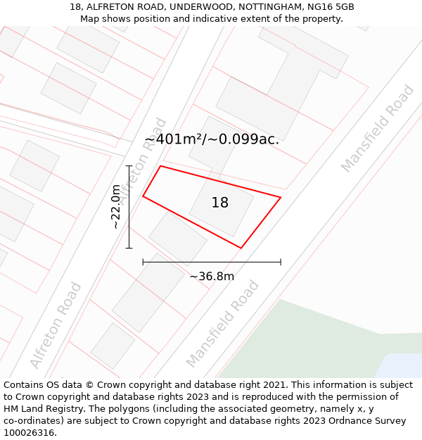 18, ALFRETON ROAD, UNDERWOOD, NOTTINGHAM, NG16 5GB: Plot and title map