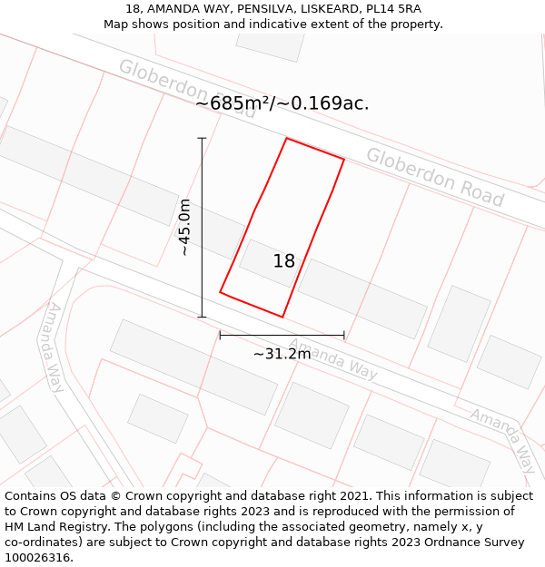 18, AMANDA WAY, PENSILVA, LISKEARD, PL14 5RA: Plot and title map