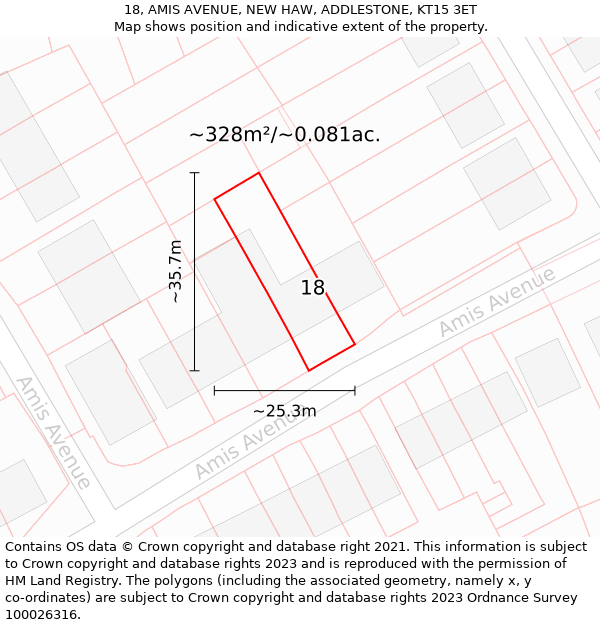 18, AMIS AVENUE, NEW HAW, ADDLESTONE, KT15 3ET: Plot and title map