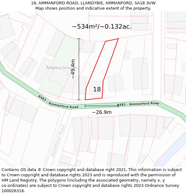 18, AMMANFORD ROAD, LLANDYBIE, AMMANFORD, SA18 3UW: Plot and title map