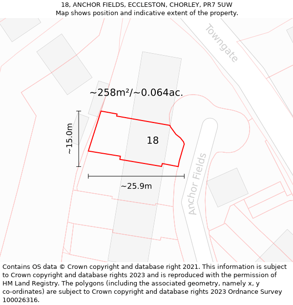 18, ANCHOR FIELDS, ECCLESTON, CHORLEY, PR7 5UW: Plot and title map