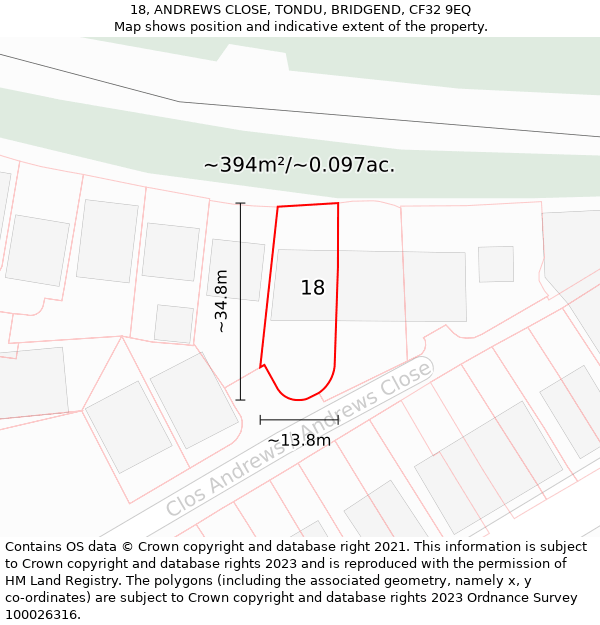 18, ANDREWS CLOSE, TONDU, BRIDGEND, CF32 9EQ: Plot and title map