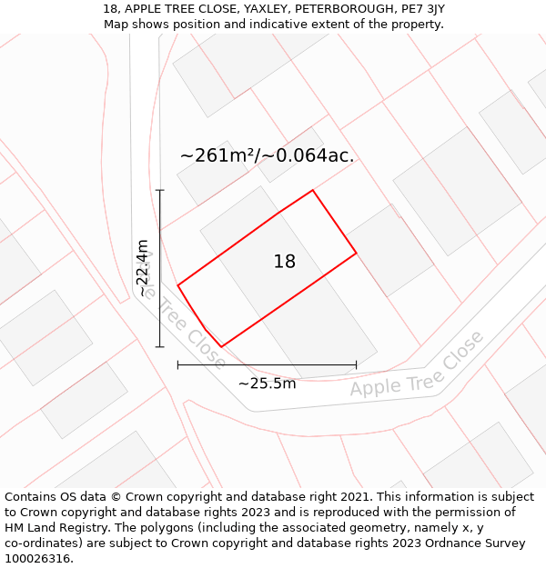 18, APPLE TREE CLOSE, YAXLEY, PETERBOROUGH, PE7 3JY: Plot and title map