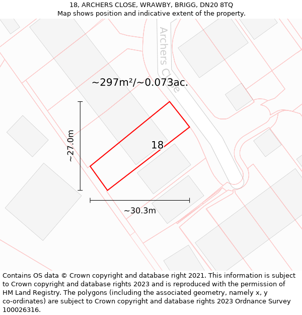 18, ARCHERS CLOSE, WRAWBY, BRIGG, DN20 8TQ: Plot and title map