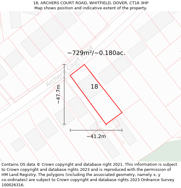 18, ARCHERS COURT ROAD, WHITFIELD, DOVER, CT16 3HP: Plot and title map