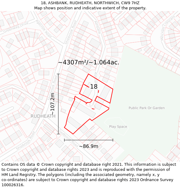 18, ASHBANK, RUDHEATH, NORTHWICH, CW9 7HZ: Plot and title map