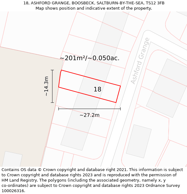 18, ASHFORD GRANGE, BOOSBECK, SALTBURN-BY-THE-SEA, TS12 3FB: Plot and title map