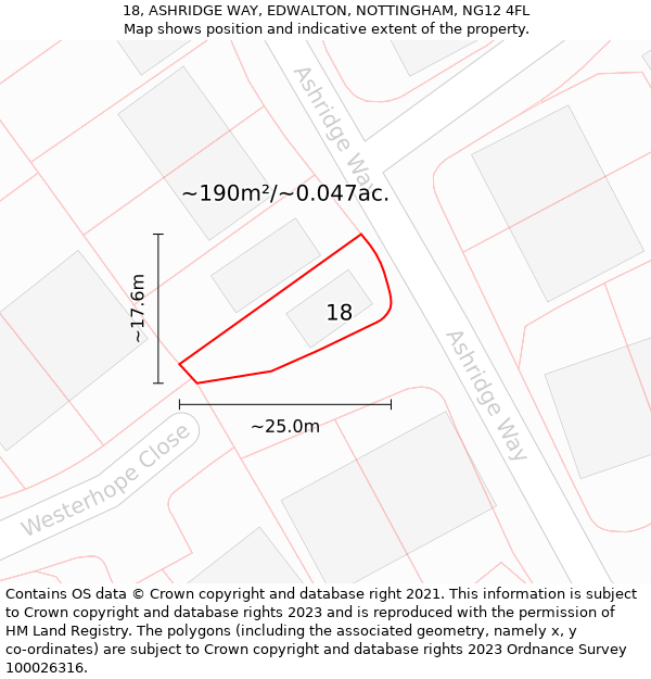 18, ASHRIDGE WAY, EDWALTON, NOTTINGHAM, NG12 4FL: Plot and title map