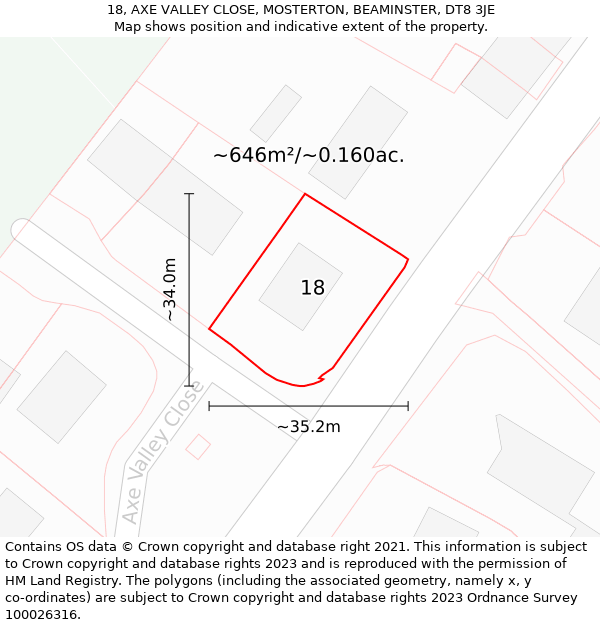 18, AXE VALLEY CLOSE, MOSTERTON, BEAMINSTER, DT8 3JE: Plot and title map