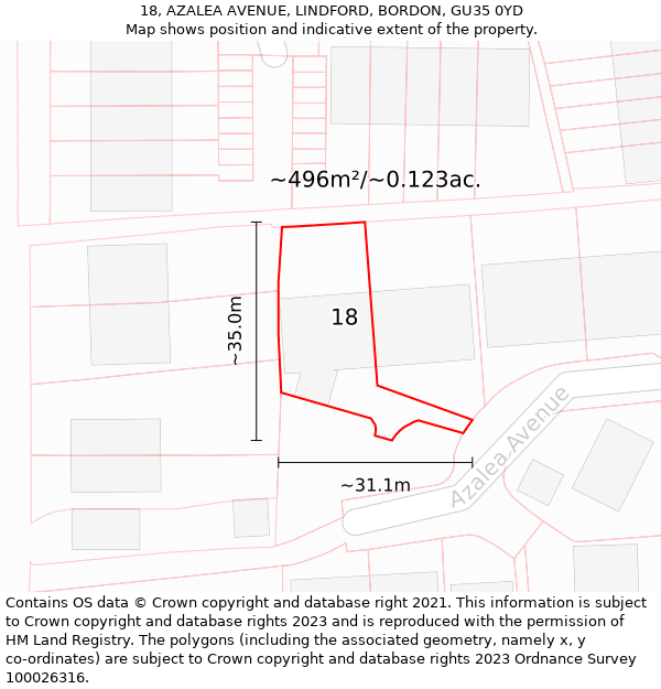 18, AZALEA AVENUE, LINDFORD, BORDON, GU35 0YD: Plot and title map