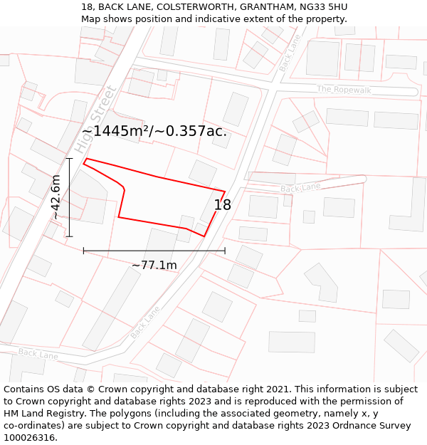 18, BACK LANE, COLSTERWORTH, GRANTHAM, NG33 5HU: Plot and title map