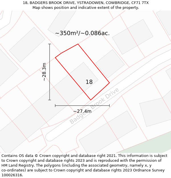 18, BADGERS BROOK DRIVE, YSTRADOWEN, COWBRIDGE, CF71 7TX: Plot and title map