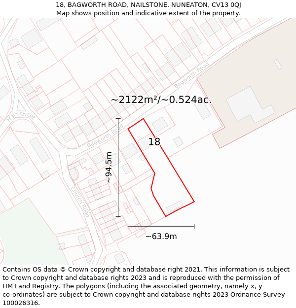 18, BAGWORTH ROAD, NAILSTONE, NUNEATON, CV13 0QJ: Plot and title map