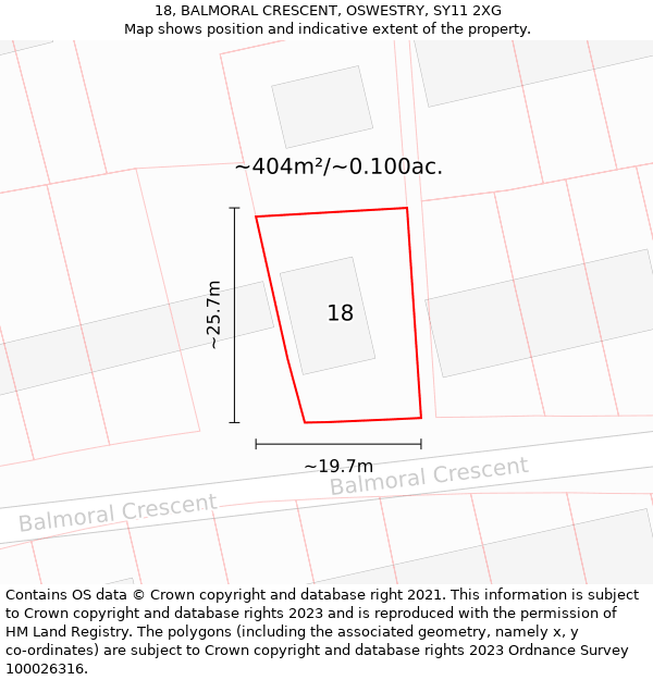 18, BALMORAL CRESCENT, OSWESTRY, SY11 2XG: Plot and title map